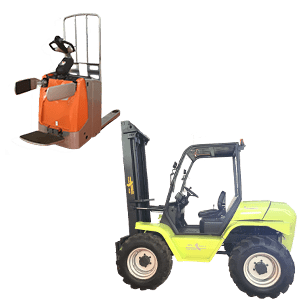 Carretillas elevadoras: modelo todoterreno verde y modelo compacto naranja, ideales para distintos entornos y necesidades logísticas.