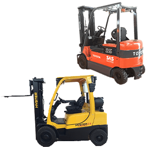 Carretillas elevadoras Toyota y Hyster exhibidas, ideales para operaciones logísticas en almacenes y entornos industriales.